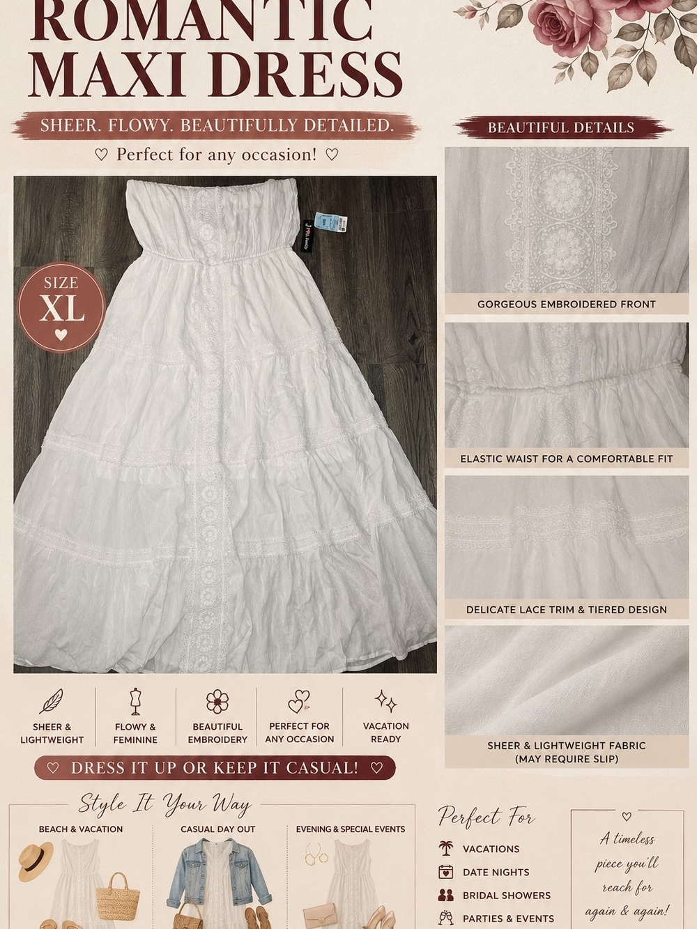 J for Justify White Romantic Embroidered Maxi Dress